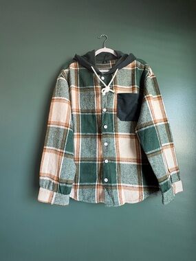Kids Green Plaid Hooded Button-Up Shirt